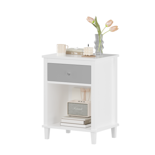 26.77''H Wooden Nightstand with One Drawer One Shelf for Kids, Adults, White+Golden handle、、casual