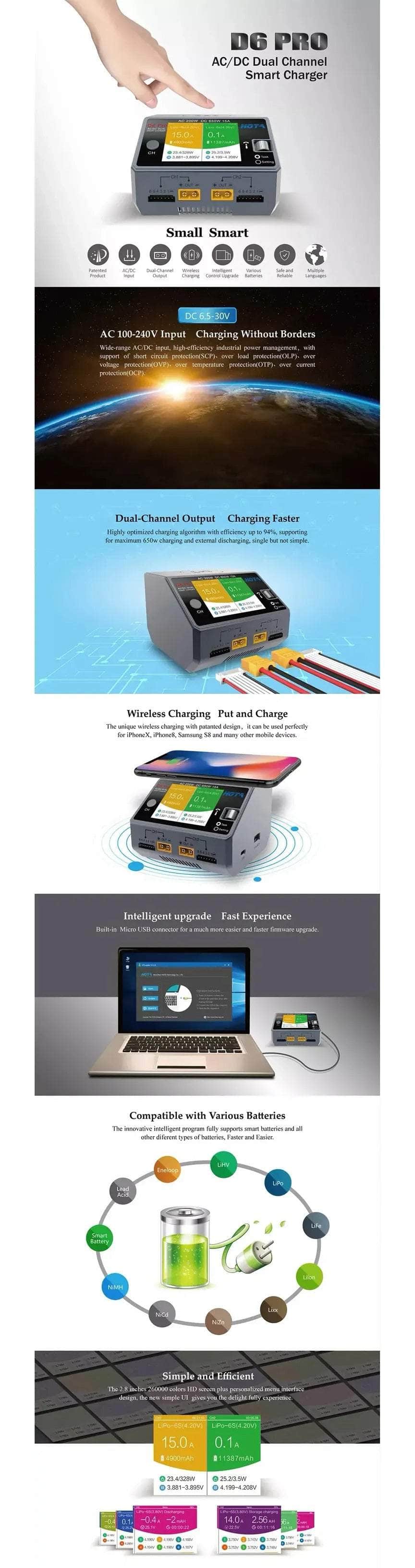 HOTA D6 Pro 325W 15A 1-6S Dual Channel AC/DC Smart Charger w/ Wireless Charging - XT60