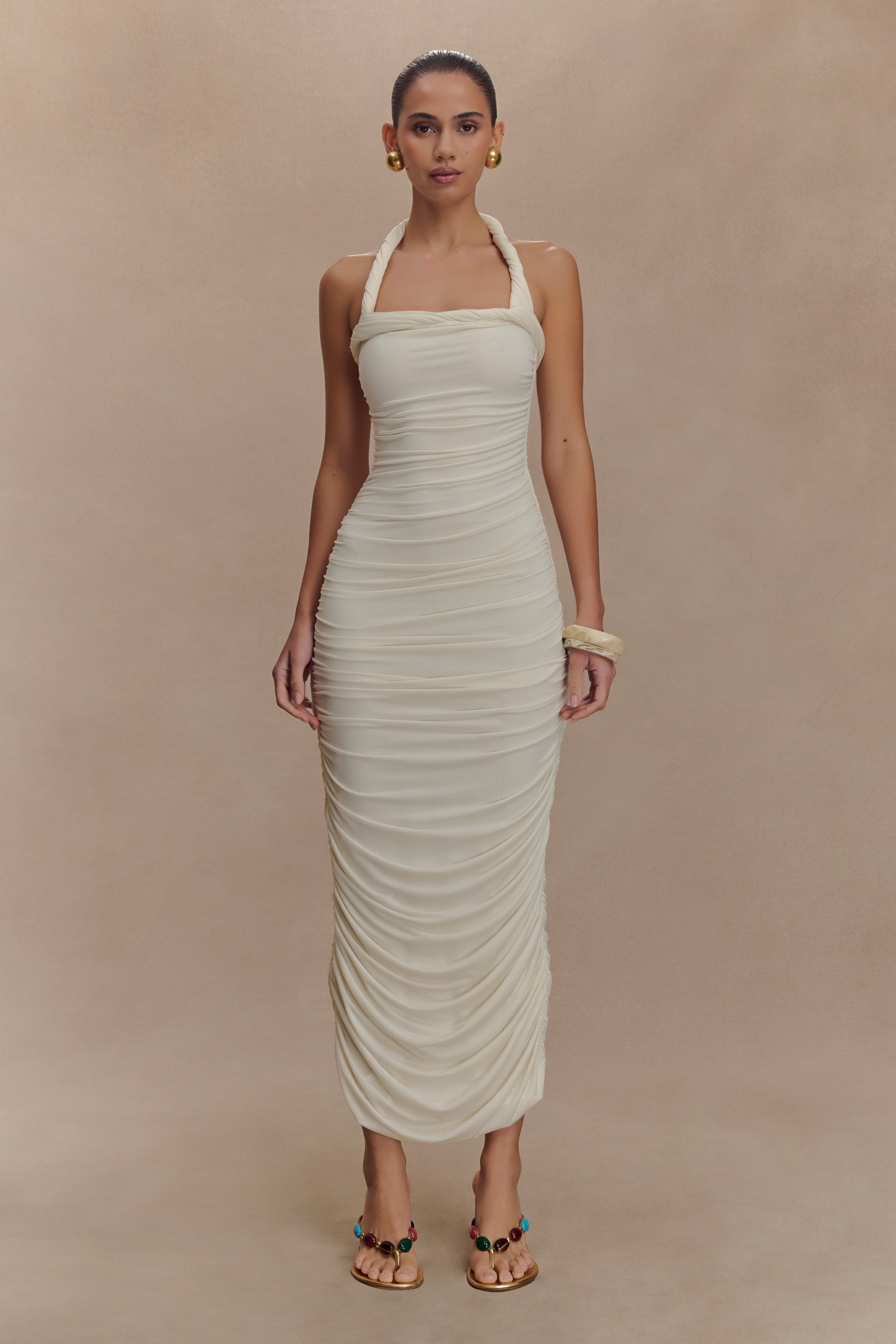 Camila Ruched Halter Midi Dress - Ivory、mySite、solidvoid