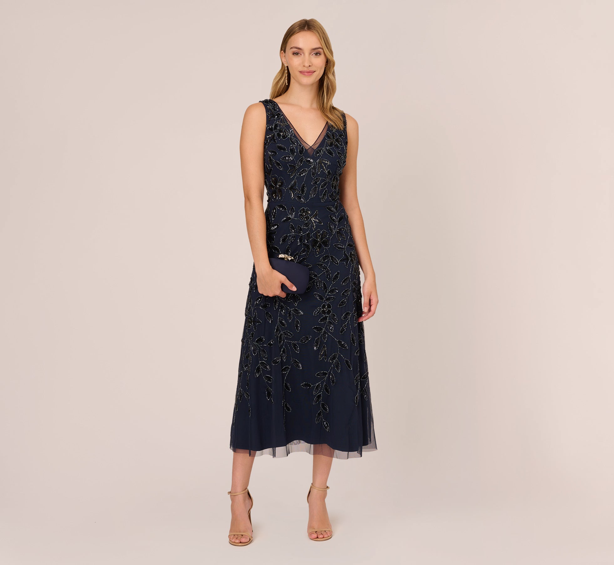 Floral Beaded Ankle Length Sleeveless Gown In Navy、mySite、solidvoid
