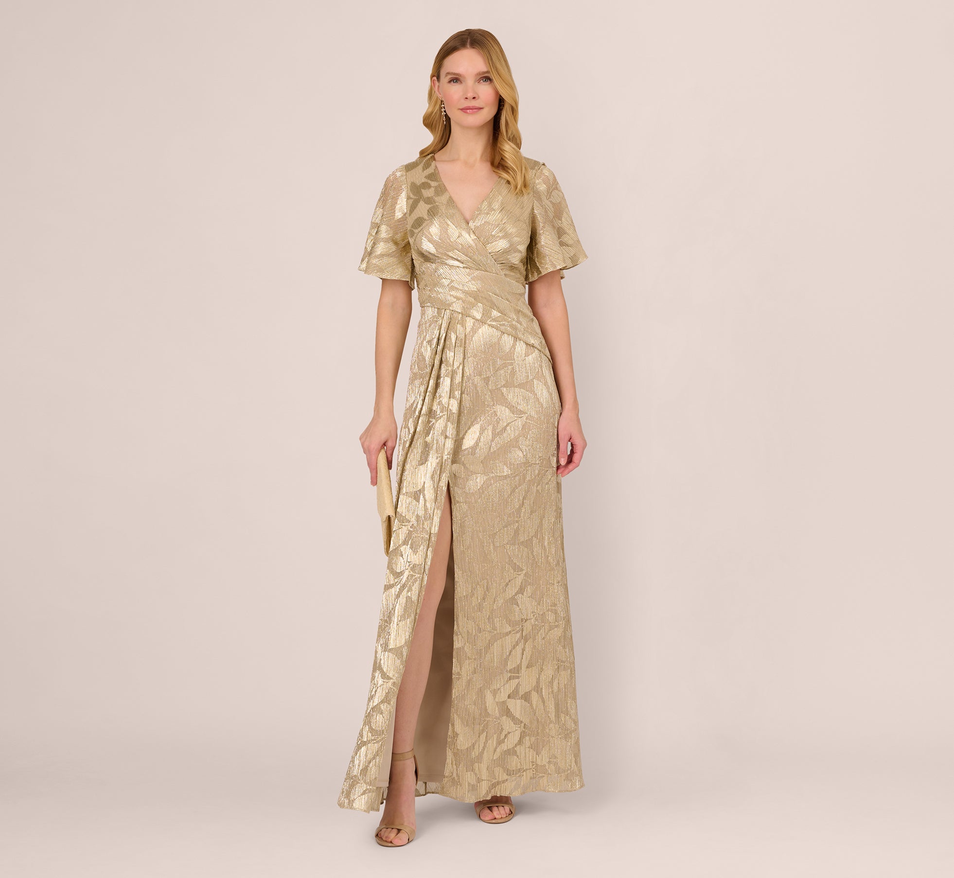 Foil Leaf Short Sleeve Gown With Draped Details In Champagne Gold、mySite、solidvoid