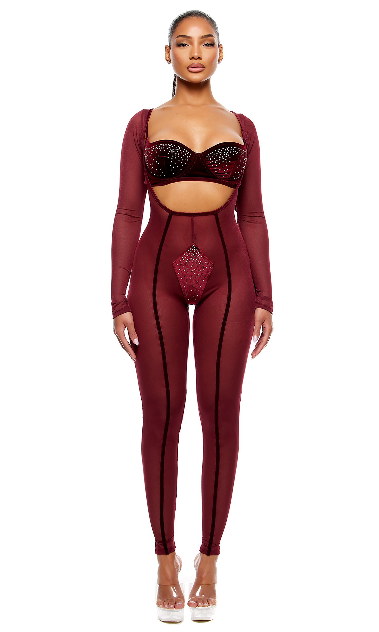 Caught Your Eye Velvet Rhinestone Jumpsuit Lingerie Set - Wine、mySite、bengalsvssteelers