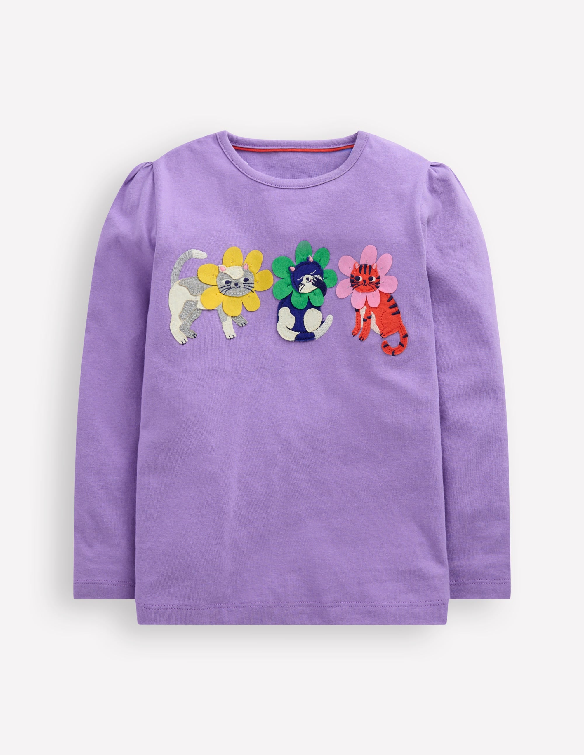  Puff Sleeve Applique T-Shirt-Aster Purple Flower Cats、mySite、ashleygrahame