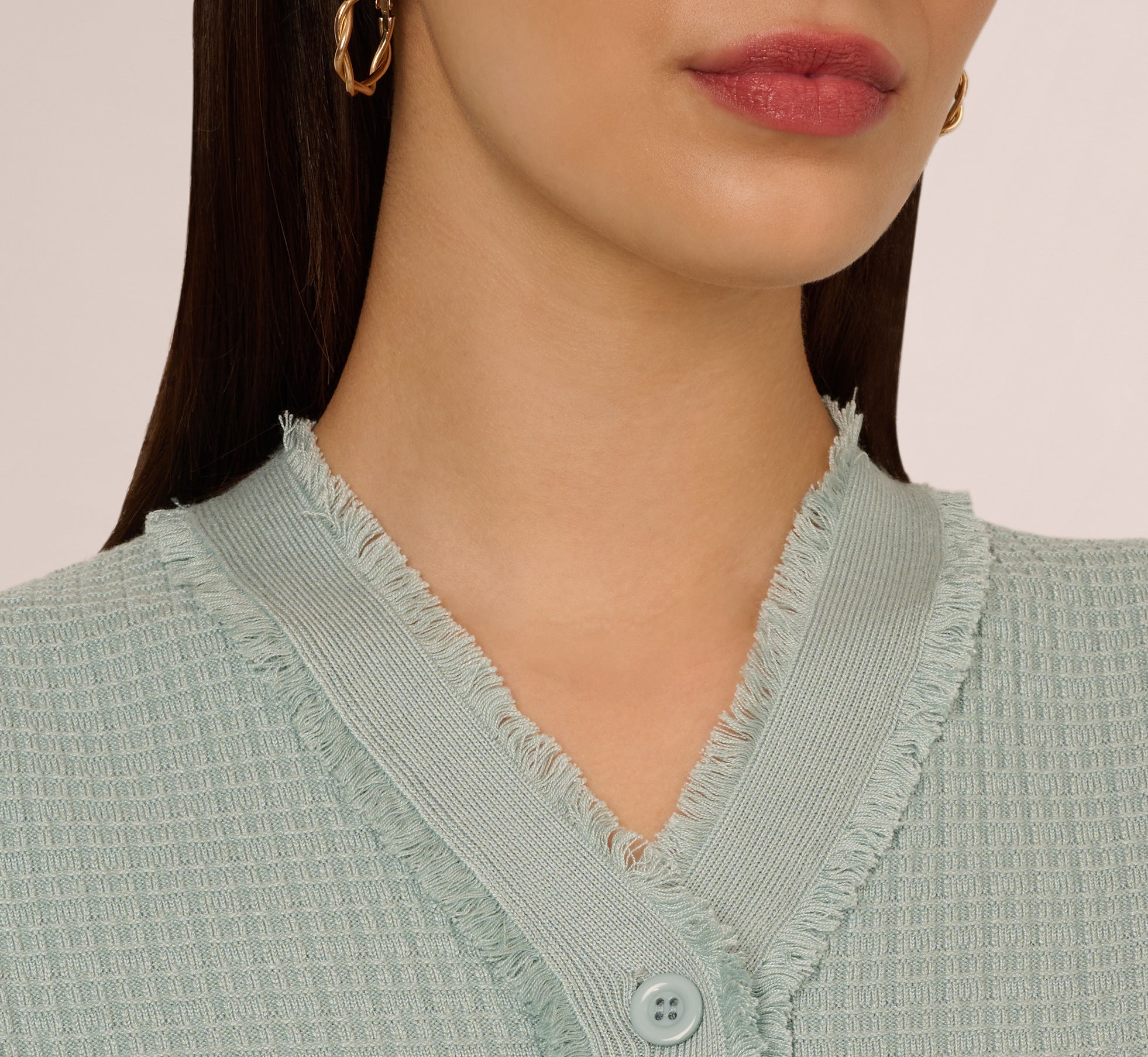 Waffle Knit Cardigan Sweater With Frayed Edges In Dusty Seamist、mySite、solidvoid