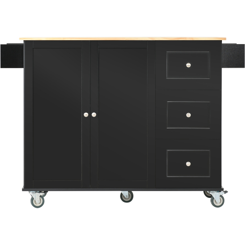 Rolling Mobile Kitchen Island with Solid Wood Top and Locking Wheels,52.7 Inch Width,Storage Cabinet and Drop Leaf Breakfast Bar,Spice Rack, Towel Rack & Drawer (Black)、、casual
