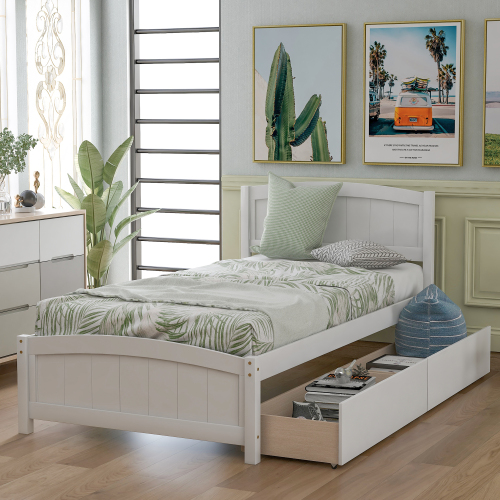 Twin size Platform Bed with Two Drawers, White、、casual
