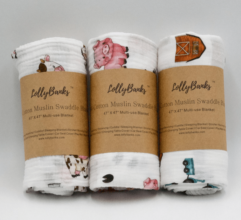Farm Scene Set of Muslin Swaddle Blankets by LollyBanks- Pig, Cow, Tractor、mySite、g9winljtr
