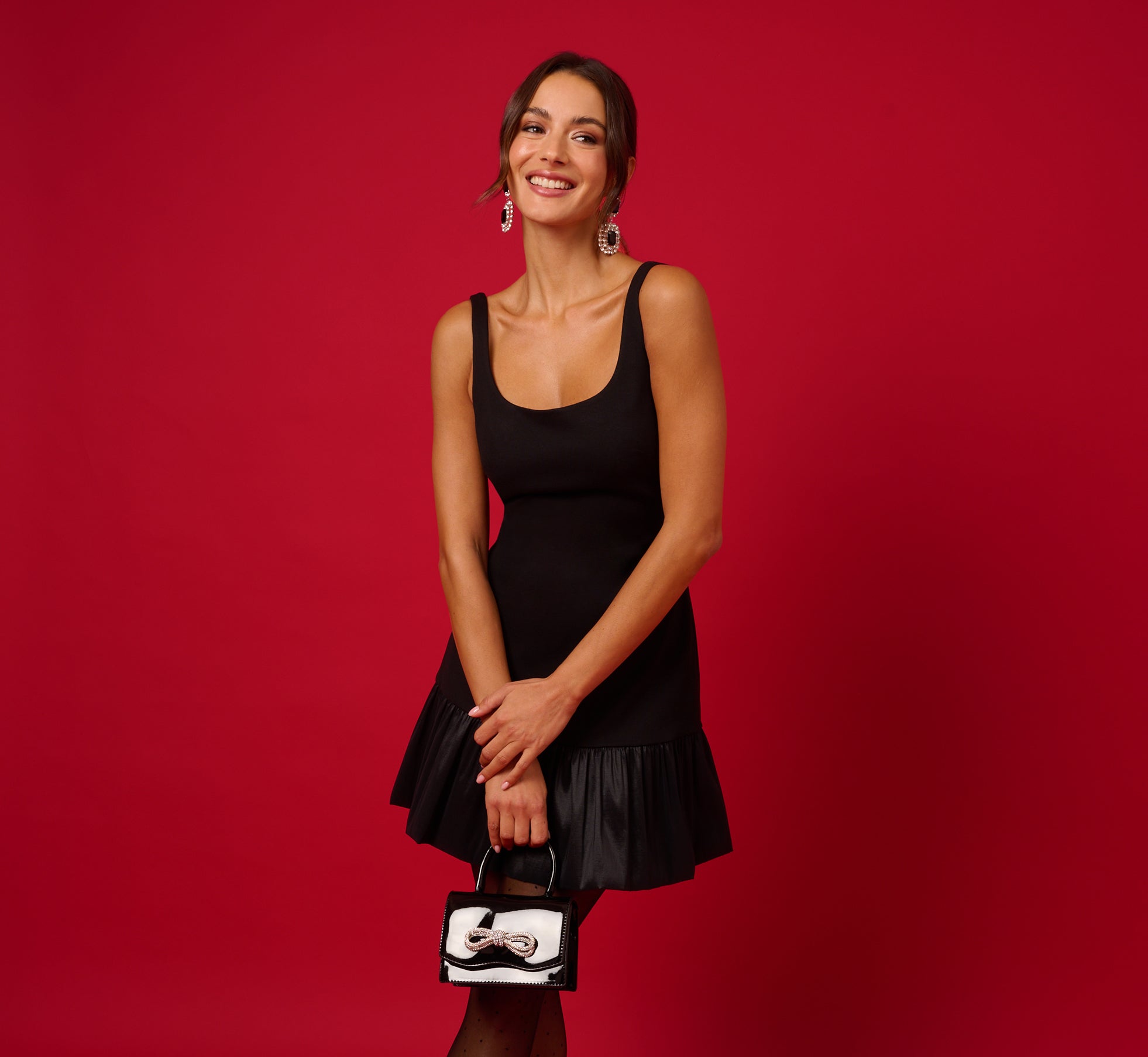 Ponte Taffeta Drop Waist Flounce Dress In Black、mySite、solidvoid