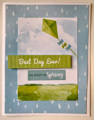 Handmade note card with illustrated kite on blue background, sentiment reads 