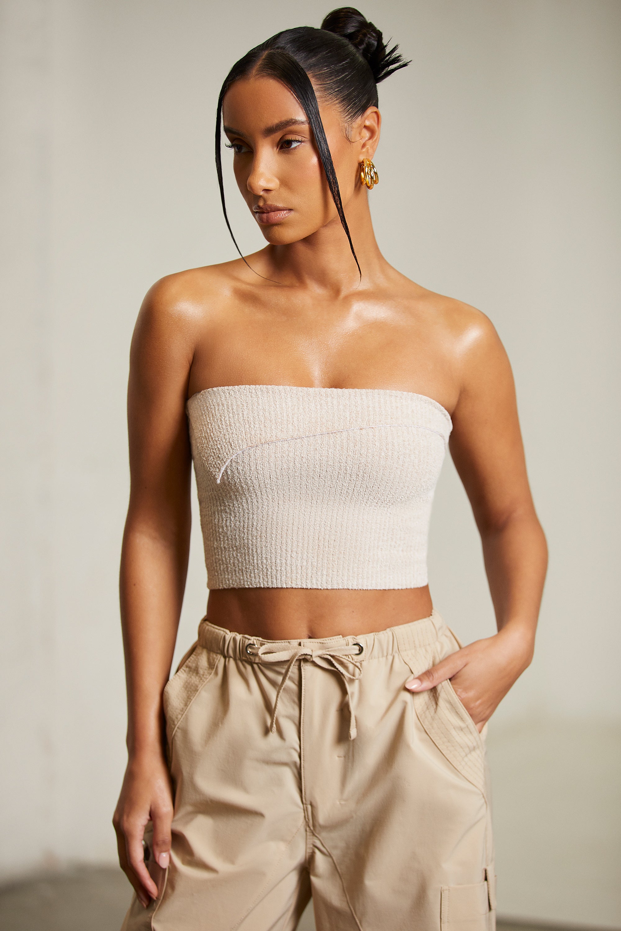 Overlap Bandeau Crop Top in Beige、mySite、solidvoid