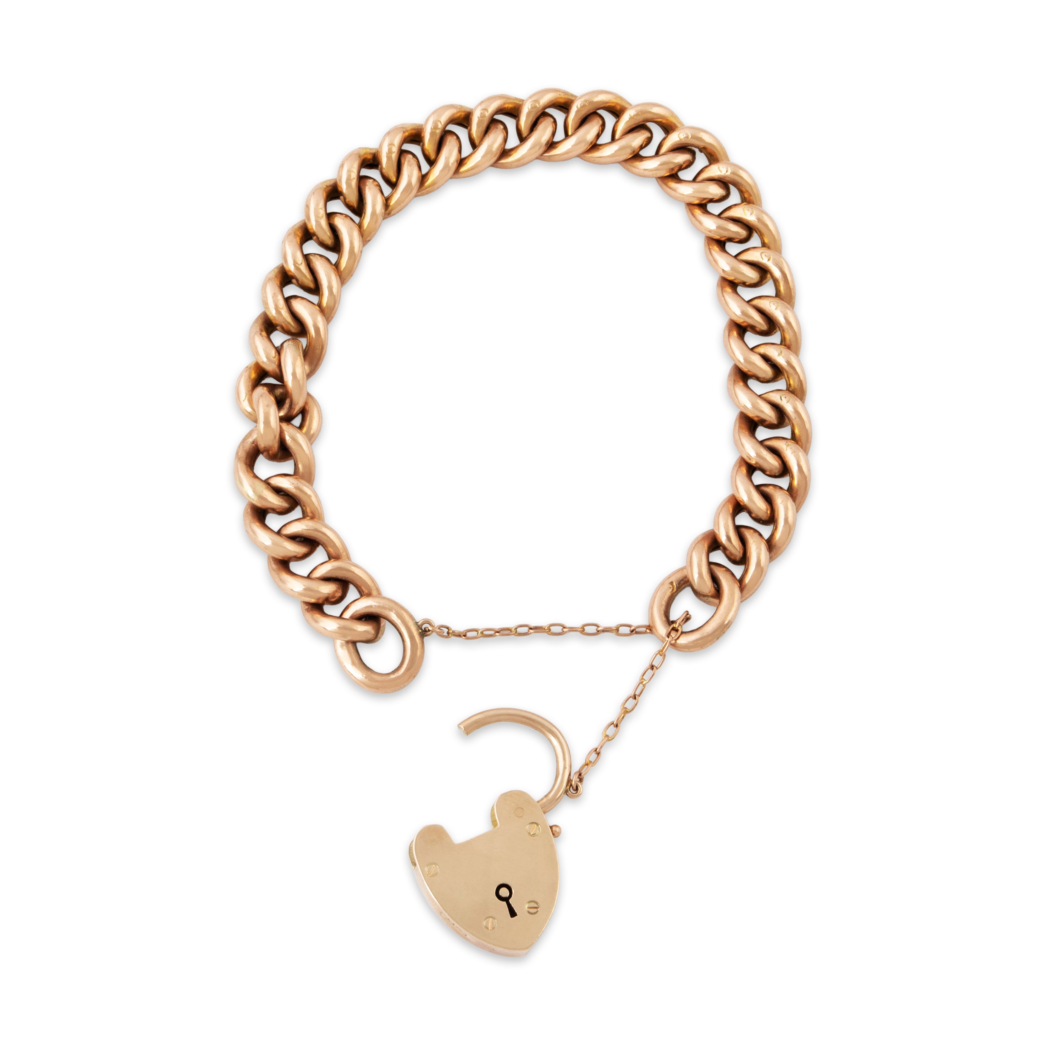 Antique English 9k Rose Gold Heart Lock Fabulous Curb Link Bracelet 7.25、mySite、hinf8tx79
