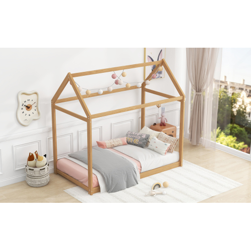 Twin Size Wooden House Bed, White、、casual