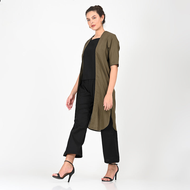 Cotton Solid Co Ord Set For Women | Overlay, Top & Trouser | Square Neck | Olive & Black、mySite、camillekostekn