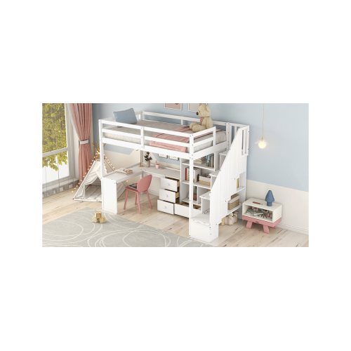 Twin Size Loft Bed with L-Shaped Desk and Drawers, Cabinet and Storage Staircase, White、、casual