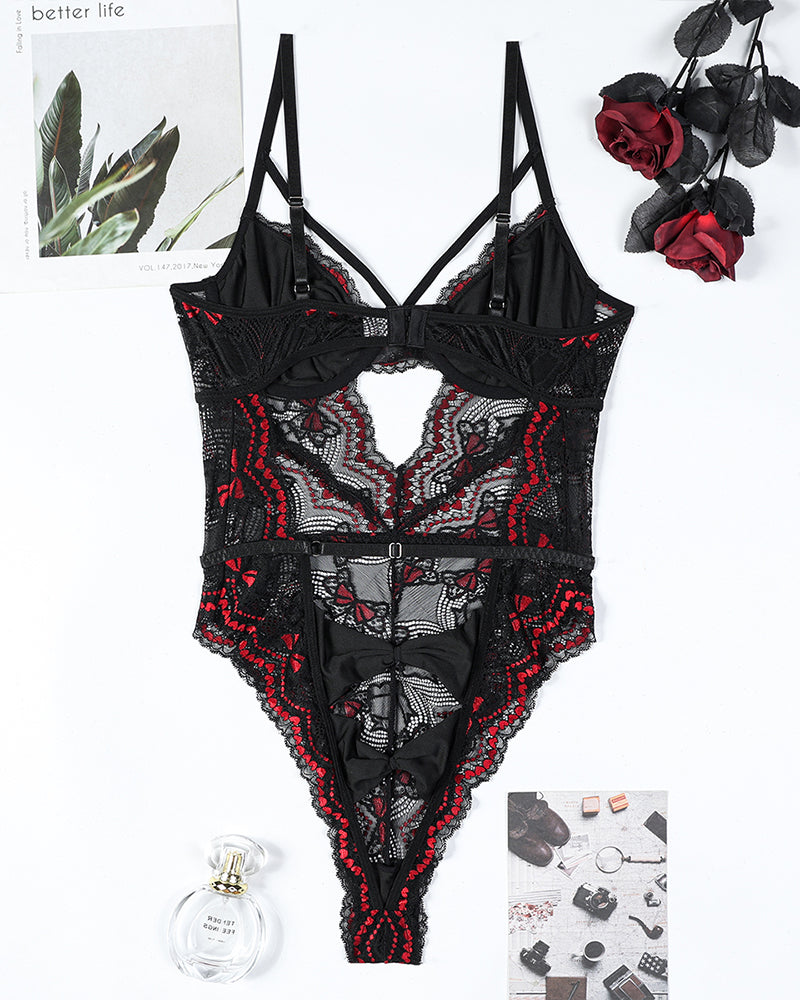 Embroidery Bow Cutout Lace Bodysuit、mySite、bengalsvssteelers
