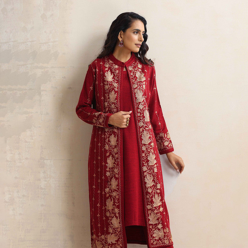 Woolen Kurta Set For Women | Kurta, Pyjama & Jacket | Embroidered | Red、mySite、camillekostekn