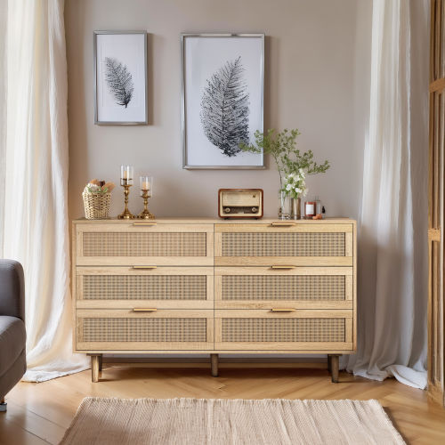 51.18"6-Drawers Rattan Storage Cabinet Rattan Drawer,for Bedroom,Living Room,Natural (Same SKU:W757P198980)、、casual