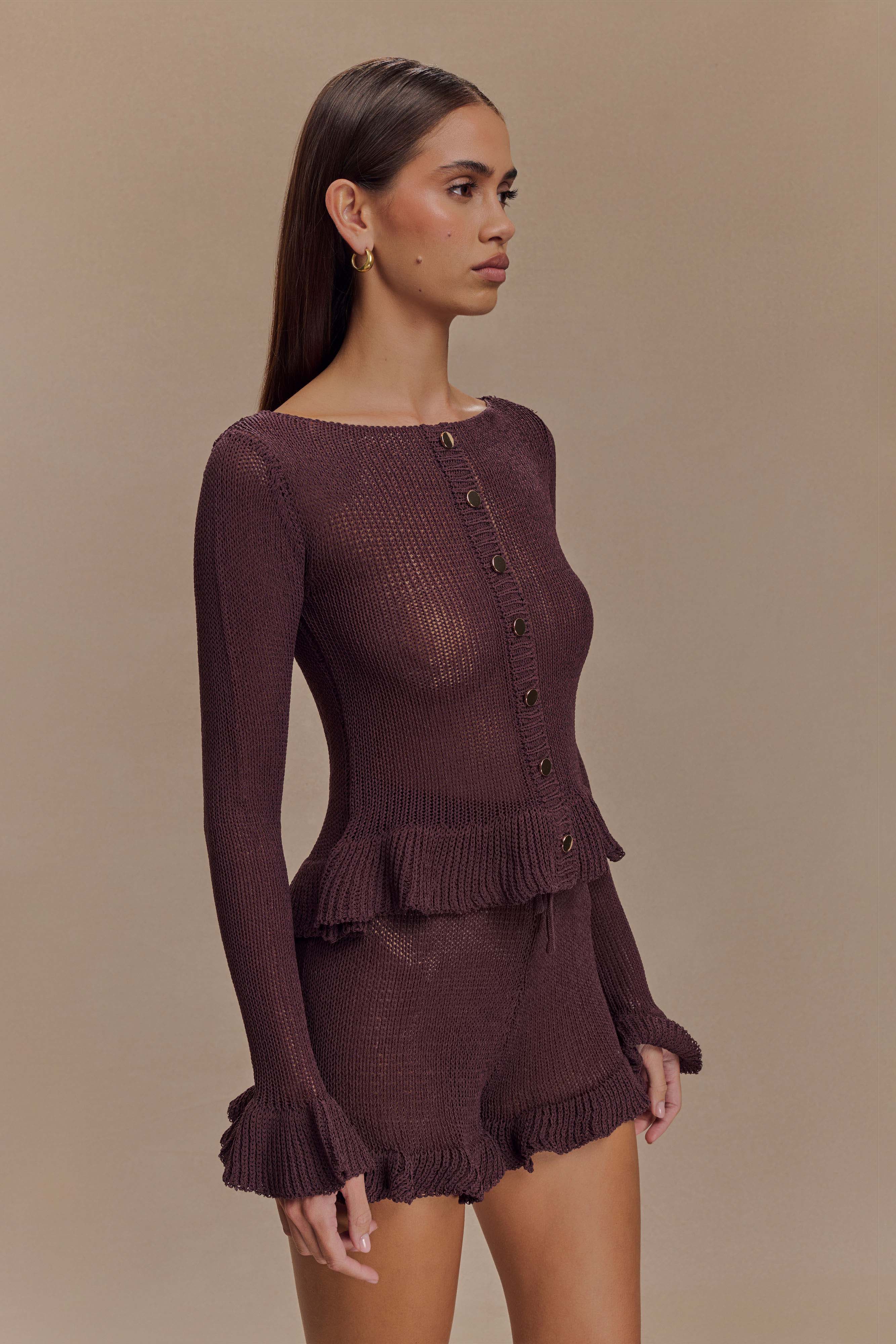 Eleanor Knit Frill Cardigan - Chocolate、mySite、solidvoid