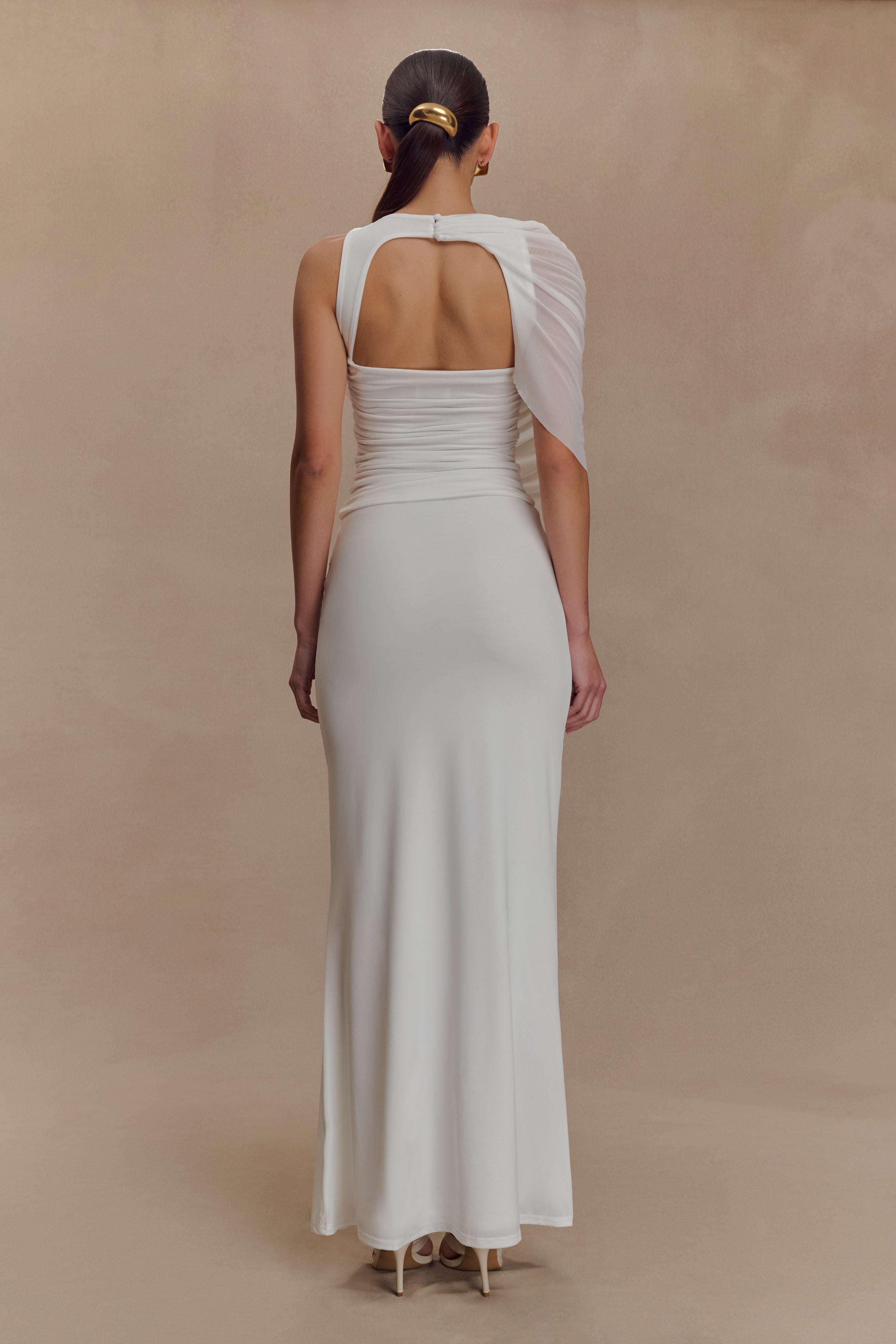 Pruedance Slinky Draped Top With Mesh Overlay - White、mySite、solidvoid