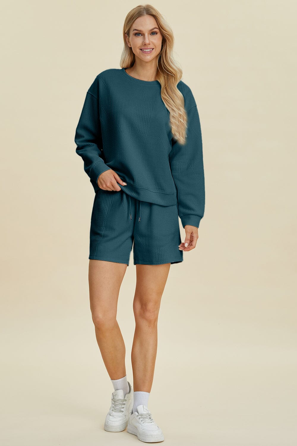 Double Take Full Size Texture Round Neck Long Sleeve Top and Shorts Set、mySite、camillekostekn