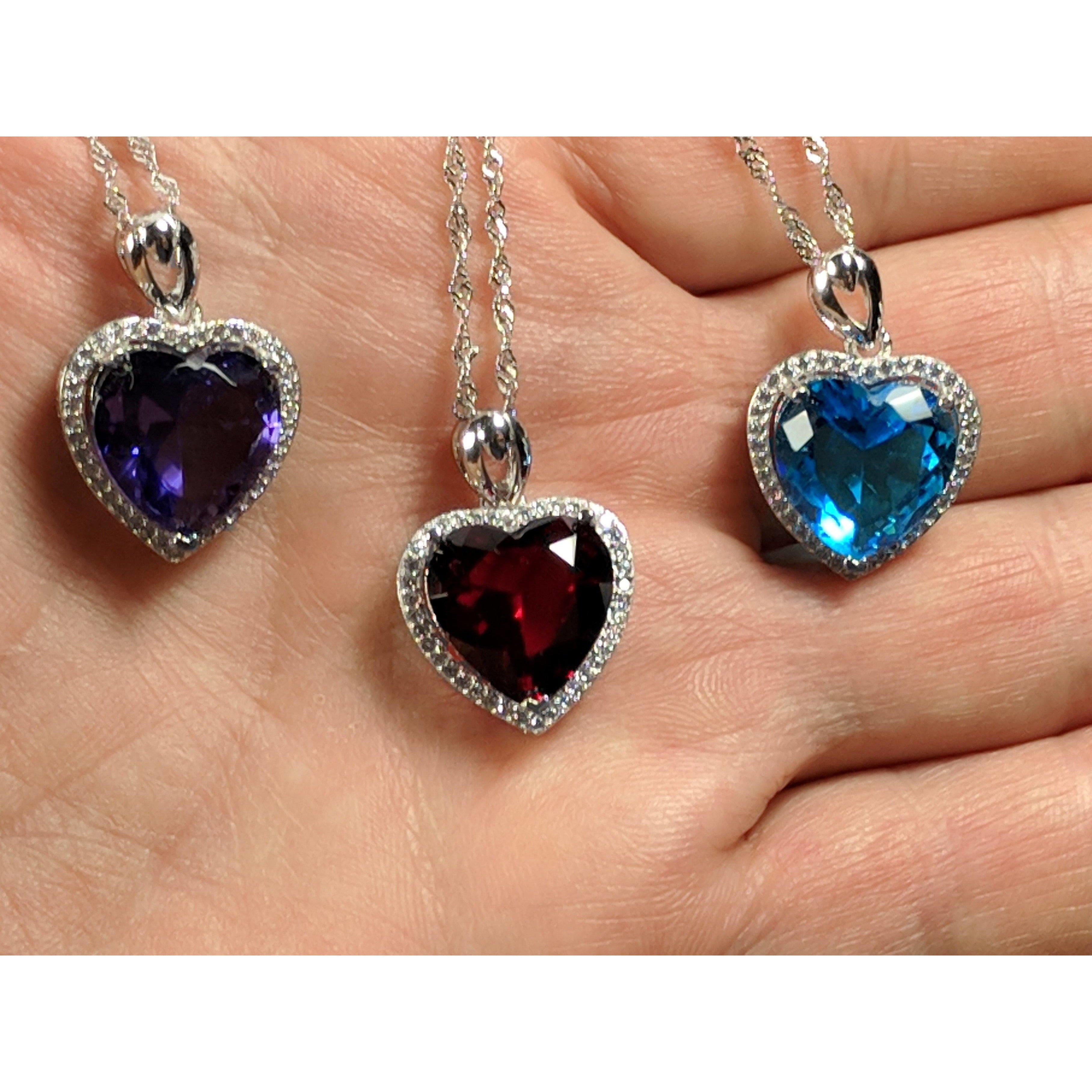 Heart Pendant in 925 Silver, Simulated Ruby, Topaz or Amethyst Crystal with CZ、mySite、g9winljtr