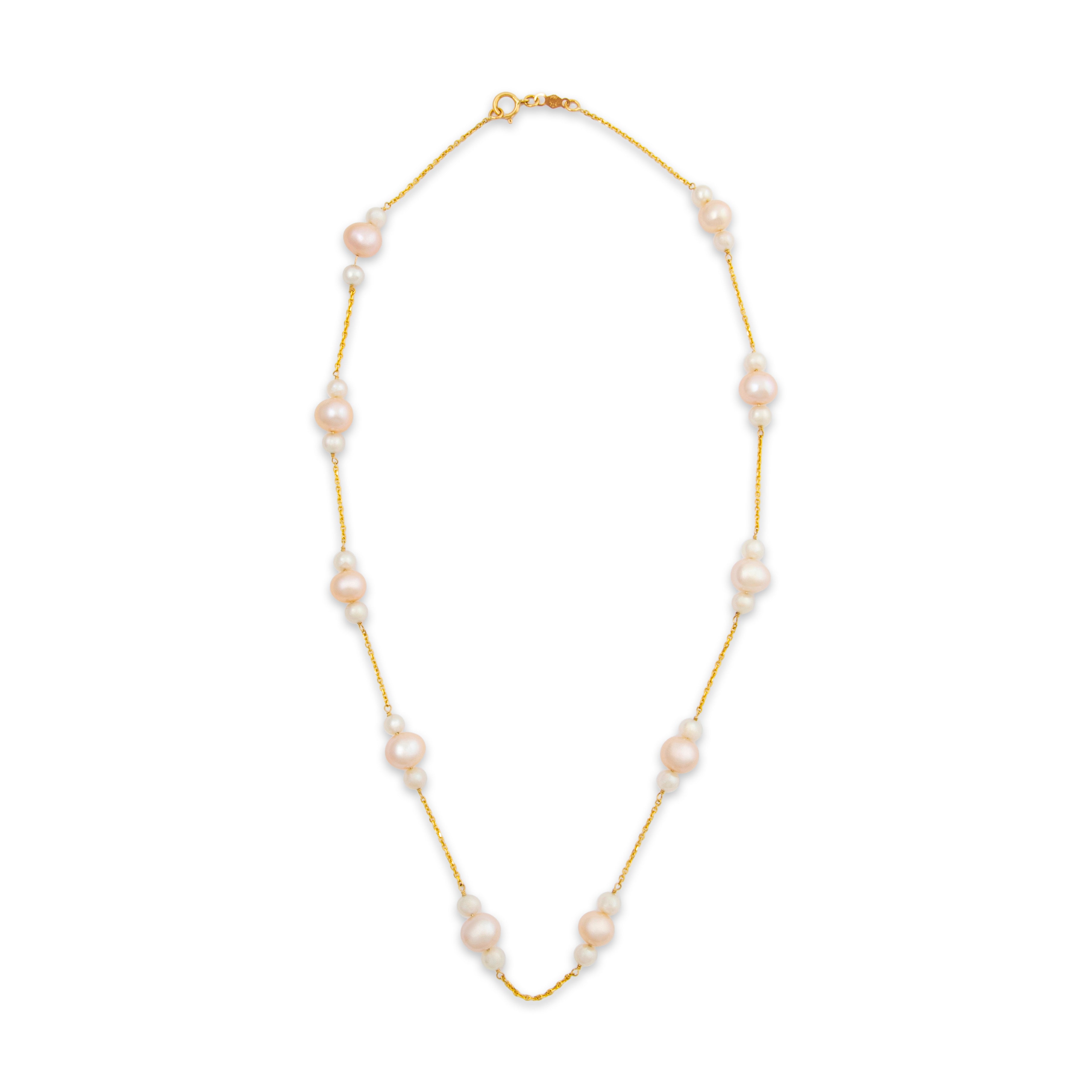 Vintage 14k Yellow Gold Pearl Lustrous Station Necklace 17、mySite、hinf8tx79