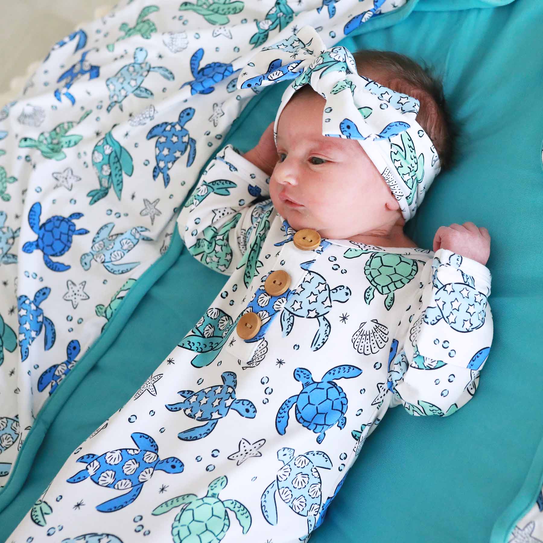  Sea Turtle Splash Newborn Baby Knot Gown & Hat Set、mySite、layawaytickets