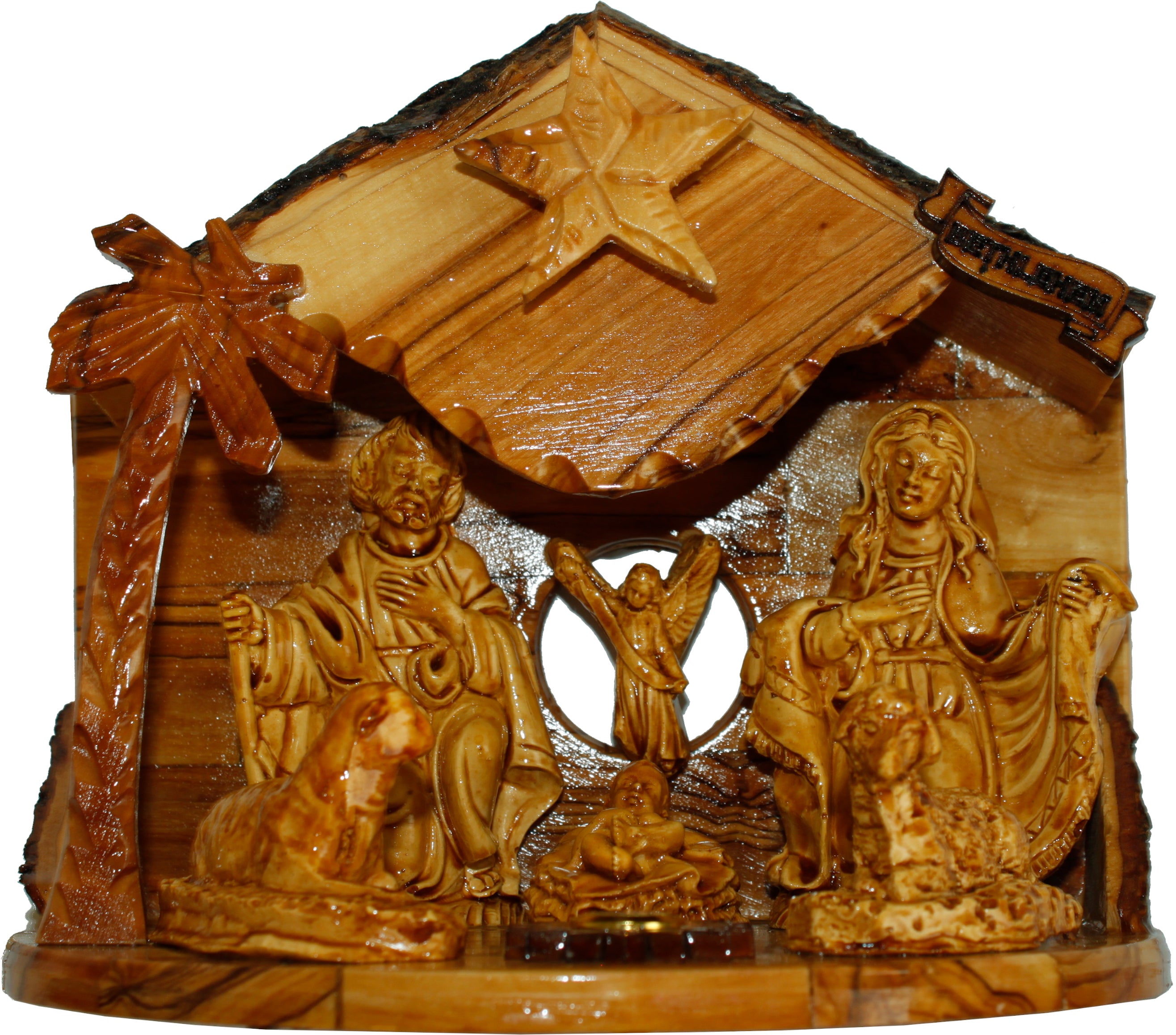  Holy Land Market Musical Olive Wood Nativity Set with Rustic Stable (Bark Roof) - Glued Alabaster Pieces、mySite、elrpsem3k
