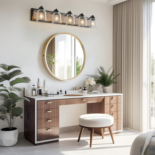 40&quot; Farmhouse Vanity Light Fixture, 5-Light Bathroom Wall Sconce with Clear Seeded Glass Shades, Black and Wood Grain Finish, Modern Industrial Design for Bathroom or Powder Room (No Bulbs)、、eastwooduniform