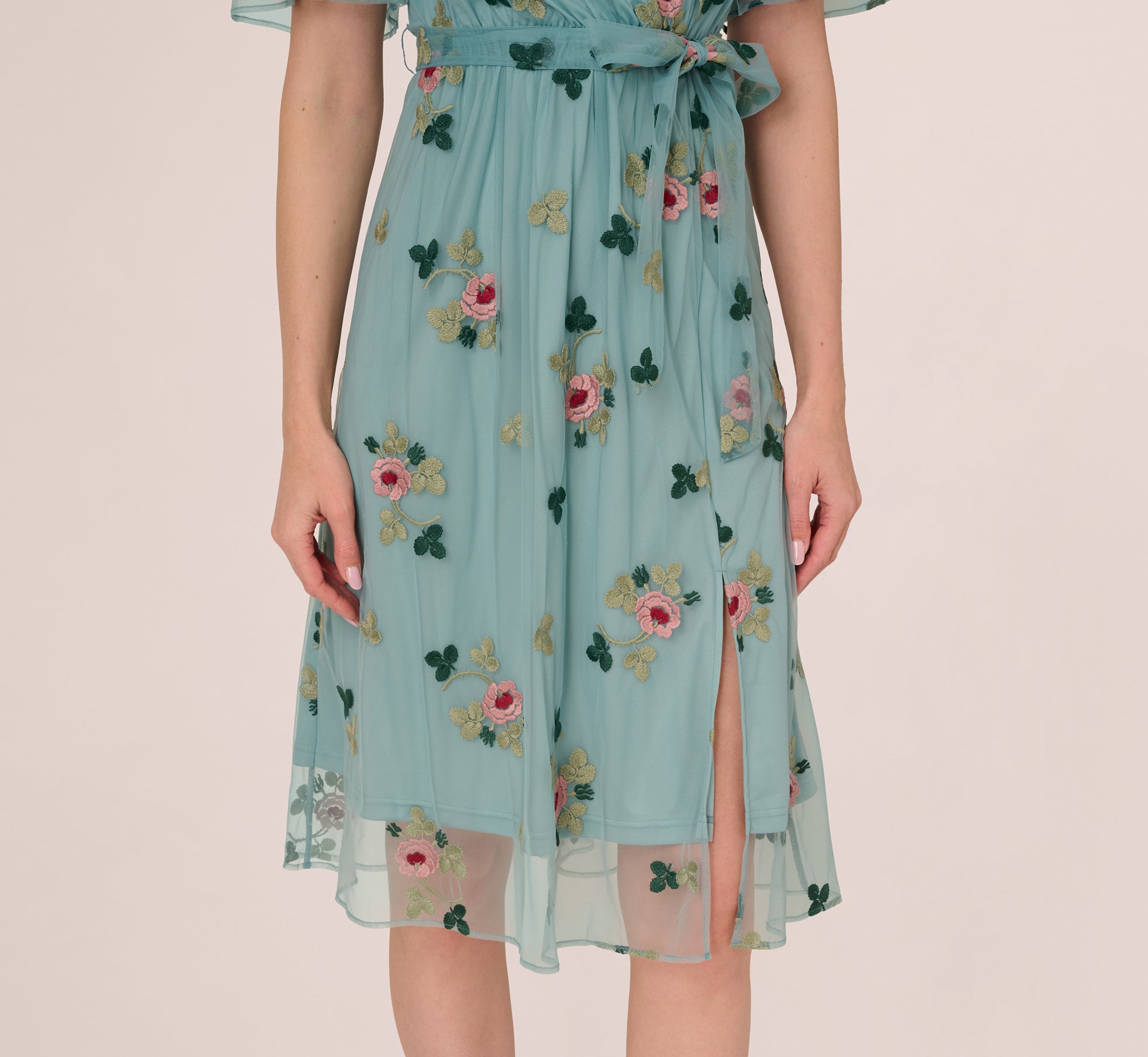 Flutter Sleeve Surplice Embroidered Midi Dress In Slate Multi、mySite、solidvoid