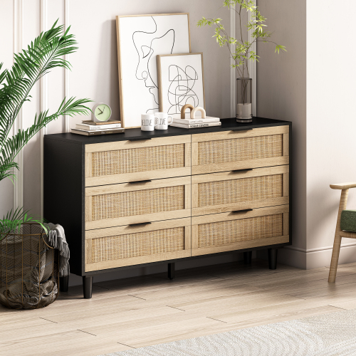 51.18"6-Drawers Rattan Storage Cabinet Rattan Drawer,for Bedroom,Living Room,Natural (Same SKU:W757P198980)、、casual