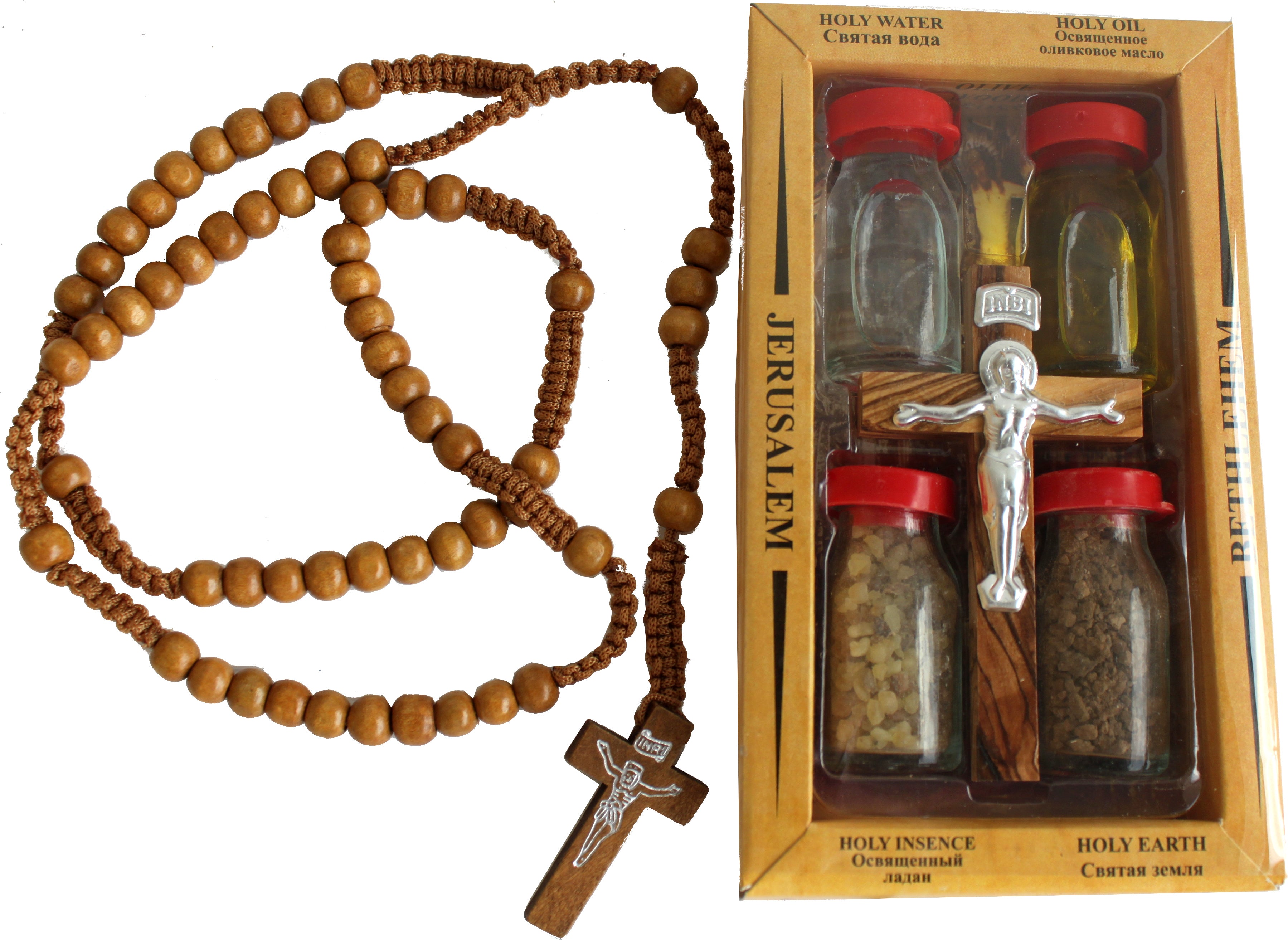 Holy Land Set 5in1 Olive Wood Cross Set with 3 Bottles - Oil, Jordan Water & Holy Earth、mySite、topwebapps