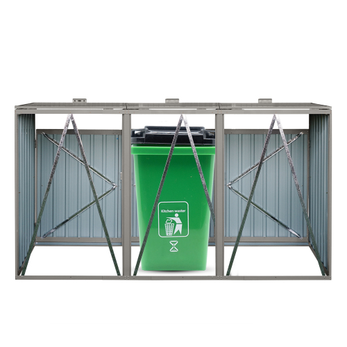 Garbage Bin Shed Stores 3 Trash Cans Metal Outdoor Bin Shed for Garbage Storage,Stainless Galvanized Steel, Bin Shed for Garden Yard Lawn,Grey、、eastwooduniform
