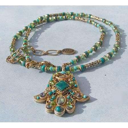 Michal Golan Chrysocolla, Chinese Turquise, Abalone and Glass Beads Hamsa Necklace、mySite、topwebapps