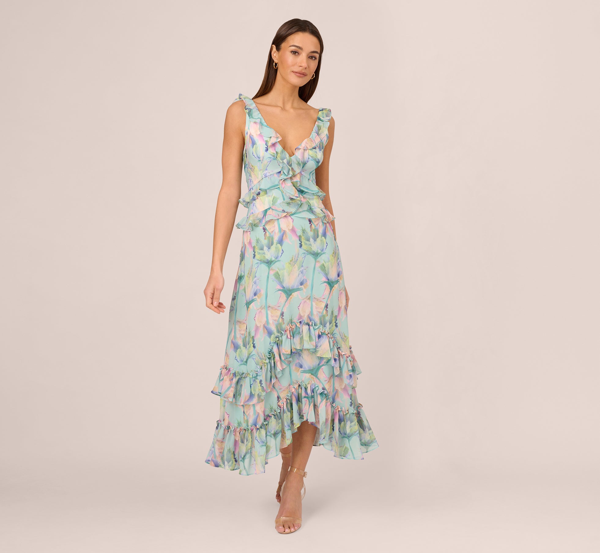 Sleeveless Floral Print High Low Maxi Dress With Ruffle Trim In Mint Multi、mySite、solidvoid