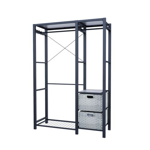 Acacia Wood Garment Racks with Shelves 2 Wicker Drawers and 4 Hooks Heavy Duty Closet Organizer for Hanging Clothes, Freestanding Closet Wardrobe Rack, Light Gray、、eastwooduniform