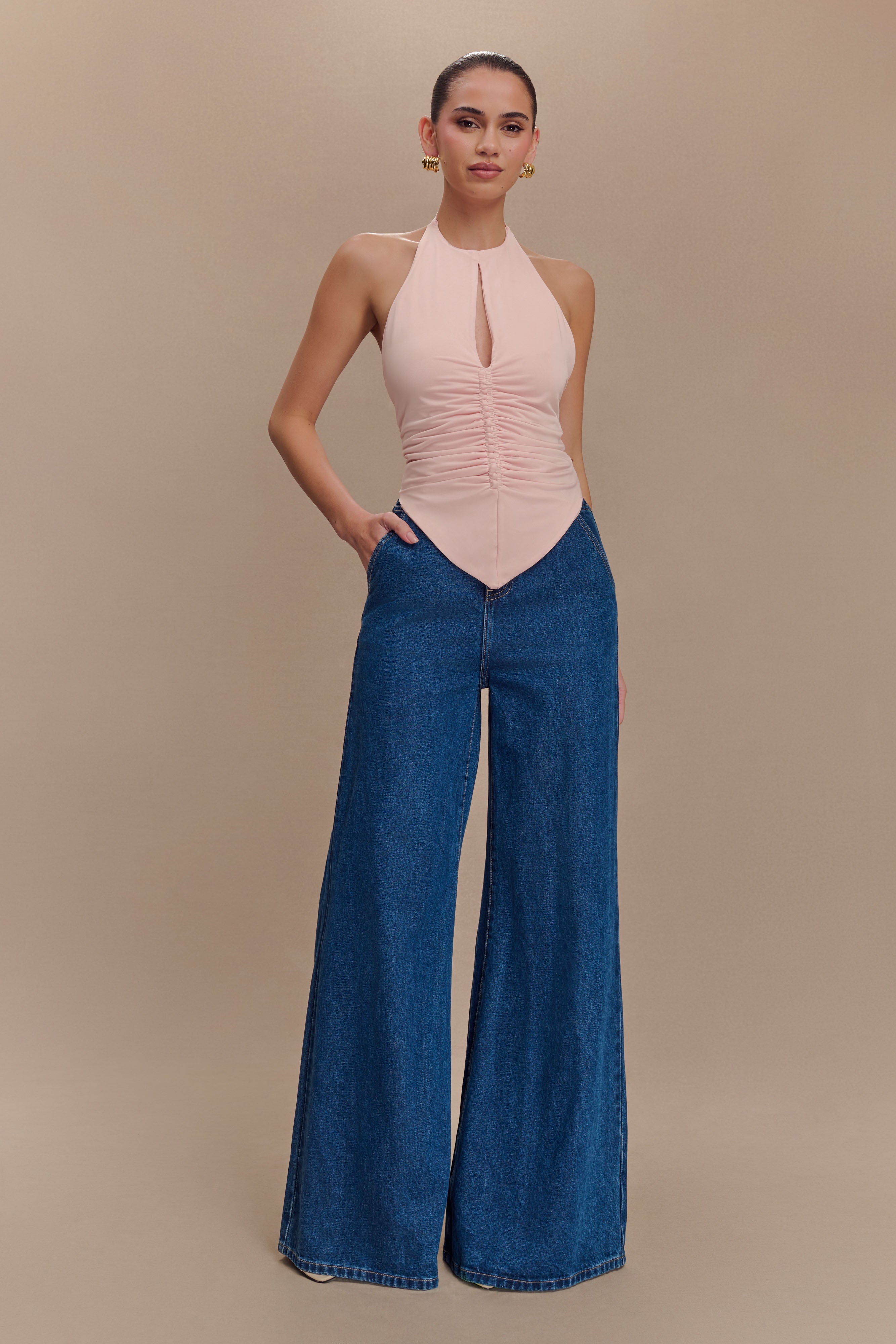 Linda Slinky Ruched Halter Top - Pale Pink、mySite、solidvoid