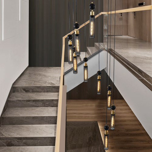 24" Modern Industrial Multi-Light Pendant Chandelier - 9-Light Black and Gold Adjustable Ceiling Light Fixture with Mesh Cylinder Shades for Living Room, Dining Room, or Staircase (Bulb Not Included)、、eastwooduniform