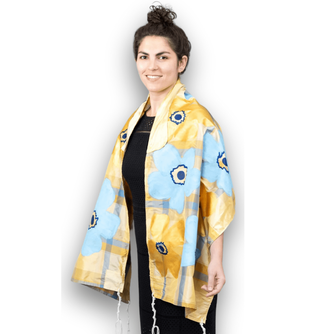 Blue and Gold Silk Plaid Tallit with Hand-Painted Flowers、mySite、topwebapps