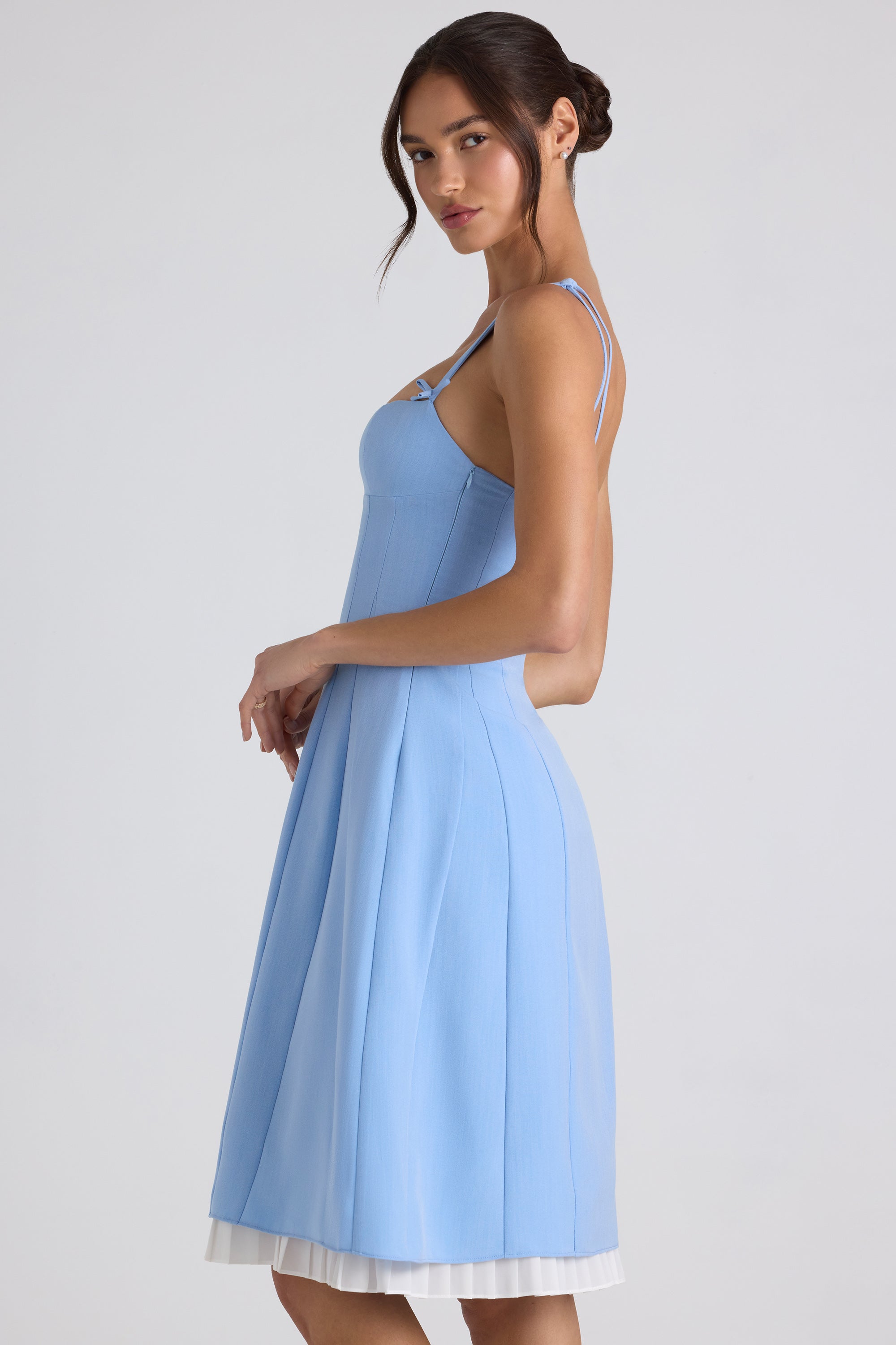 Bow-Detail Pleated A-Line Midi Dress in Sky Blue、mySite、solidvoid