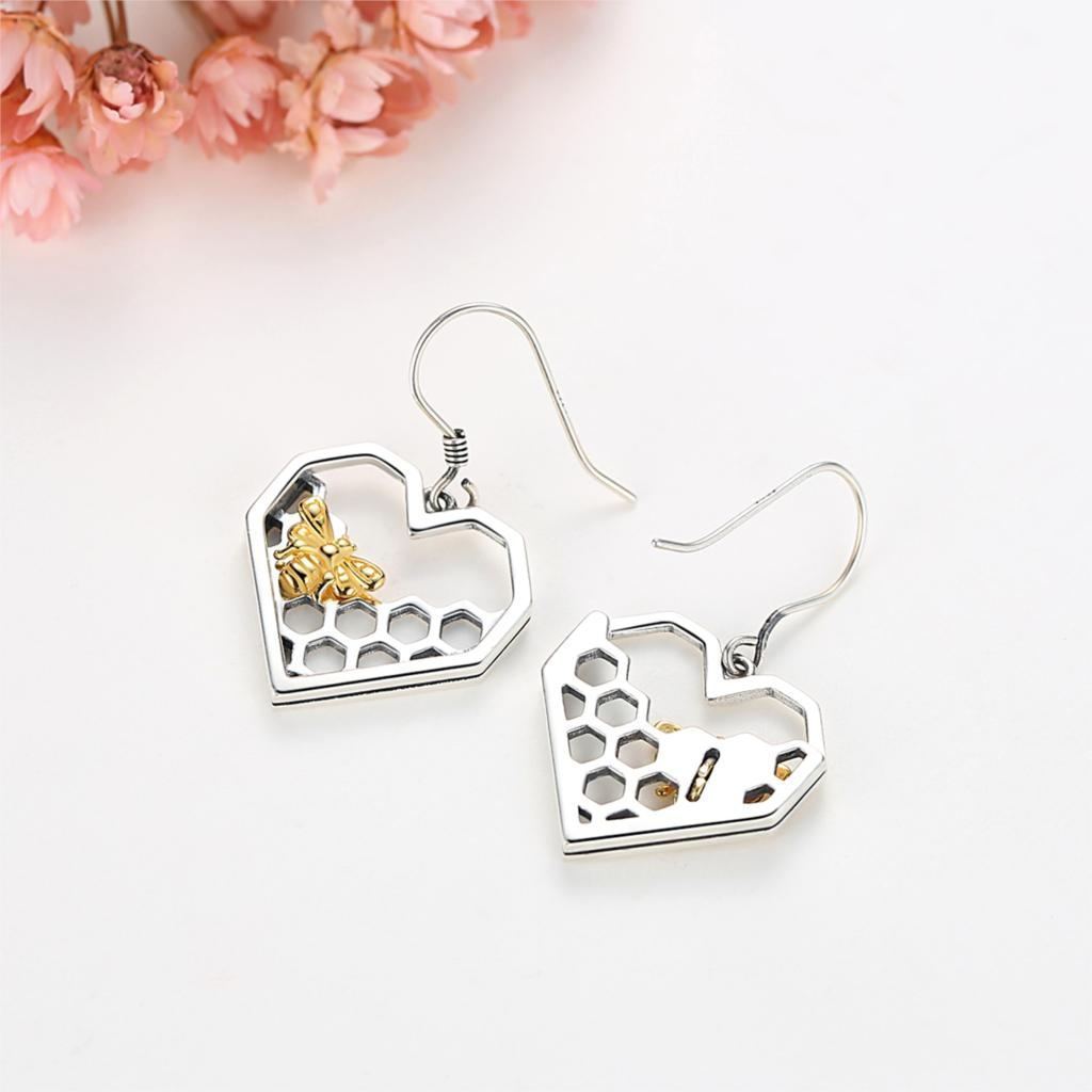 Honey Bee Heart Comb Earrings 925 Sterling SIlver for Bee Lovers、mySite、g9winljtr