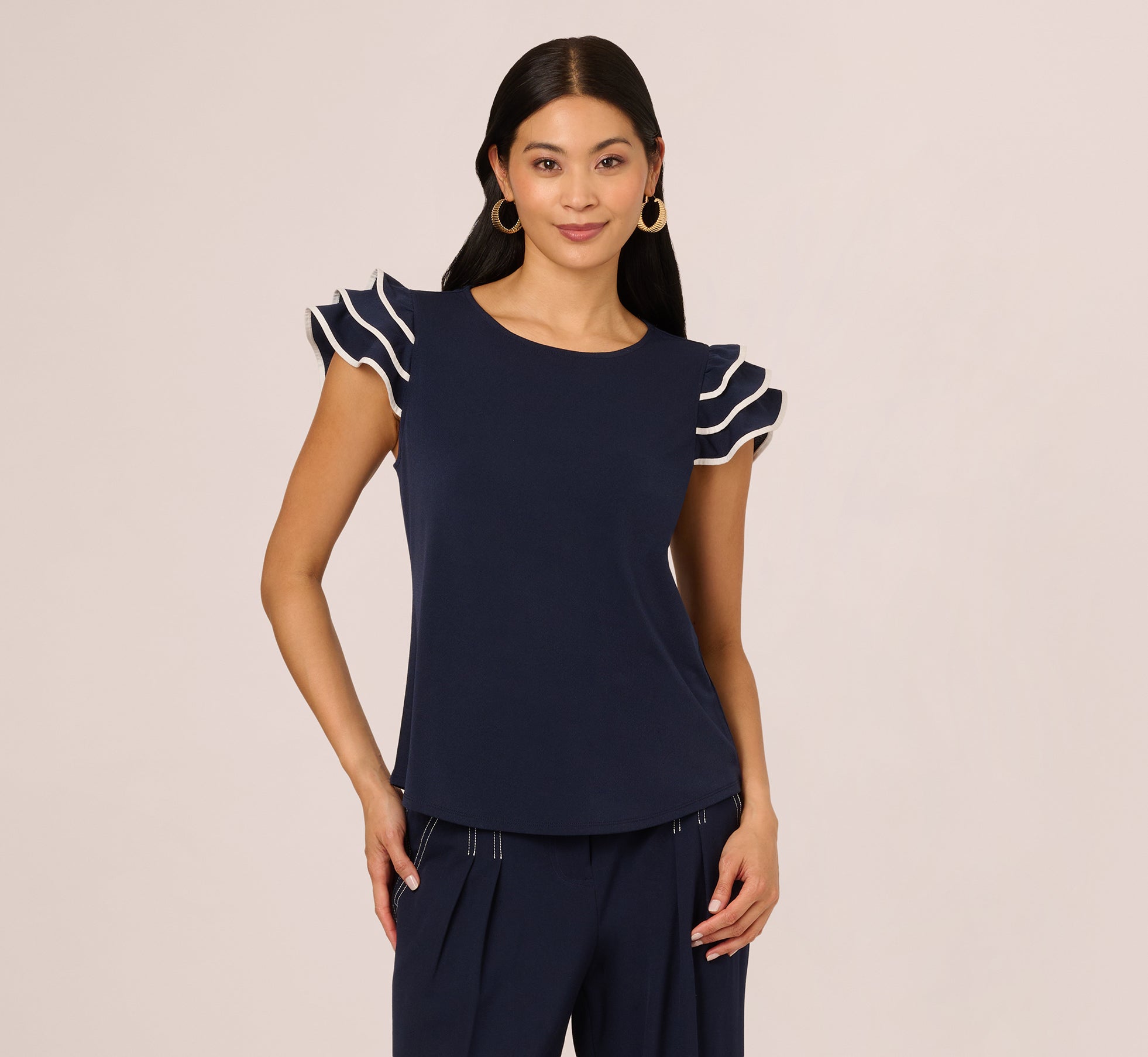 Ruffle Sleeve Contrast Trim Top In Blue Moon Ivory、mySite、solidvoid