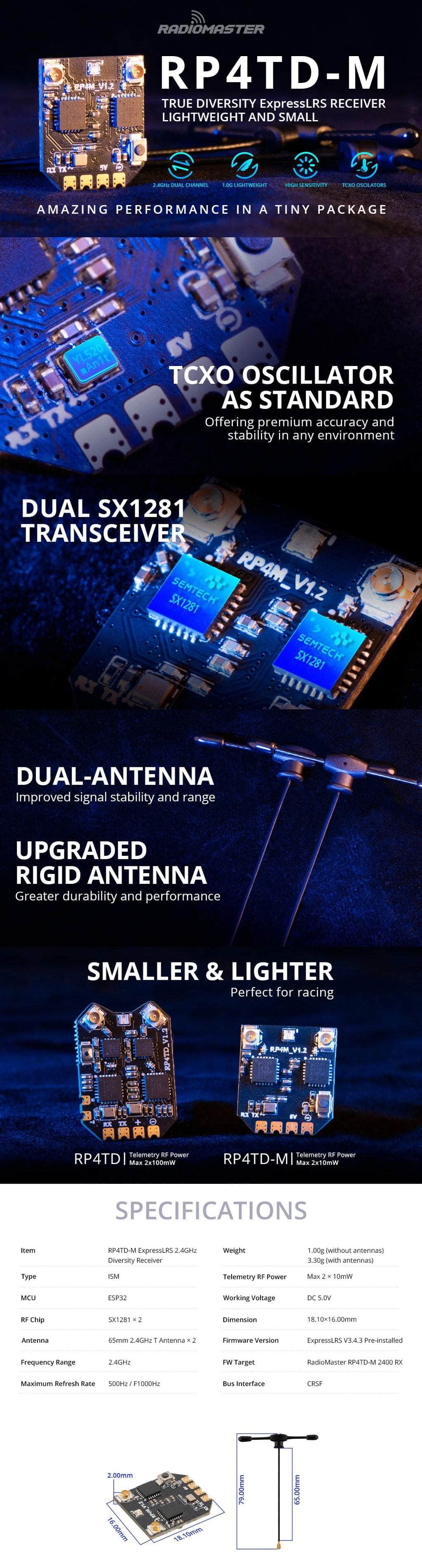Radiomaster RP4TD-M ExpressLRS 2.4GHz Race Receiver