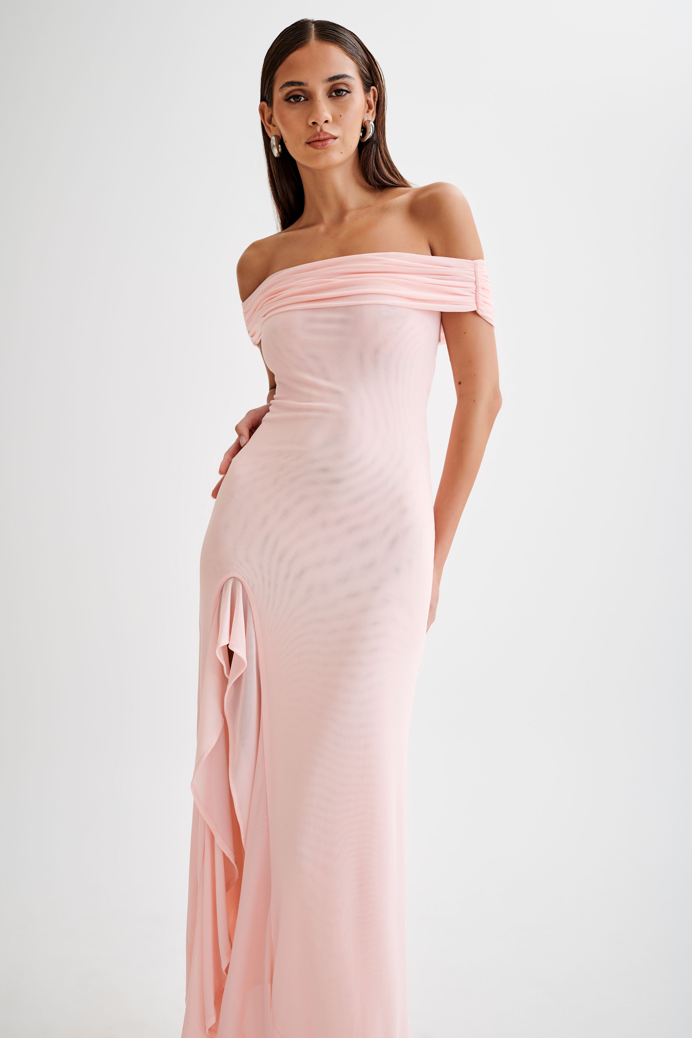 Audrey Off Shoulder Mesh Maxi Dress - Pale Pink、mySite、solidvoid