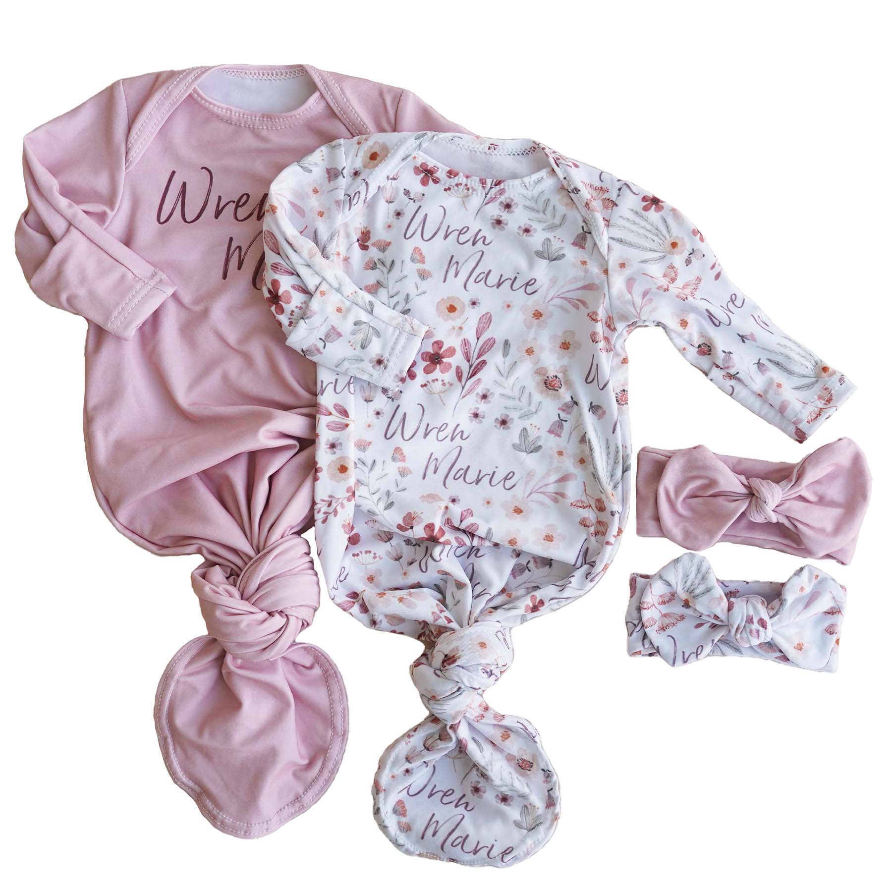 Wren's Wildflower Personalized Newborn Baby Knot Gown、mySite、layawaytickets