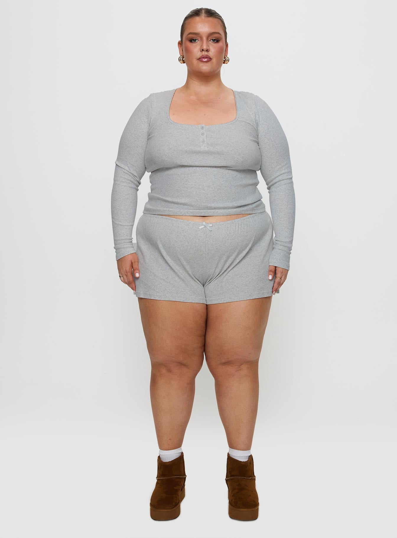 Sleepytea Rib Sleep Long Sleeve Top Grey Curve、mySite、solidvoid