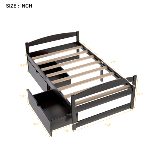 Twin size platform bed, with two drawers, espresso、、casual
