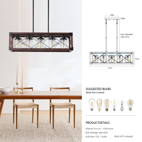 (Same as W1340P155968/L1011-RW) 32" Red Wood Industrial Farmhouse Rectangle Pendant Light, 5-Light Chandelier for Dining Room, Kitchen Island, Cafe Decor (No Bulbs)、、eastwooduniform