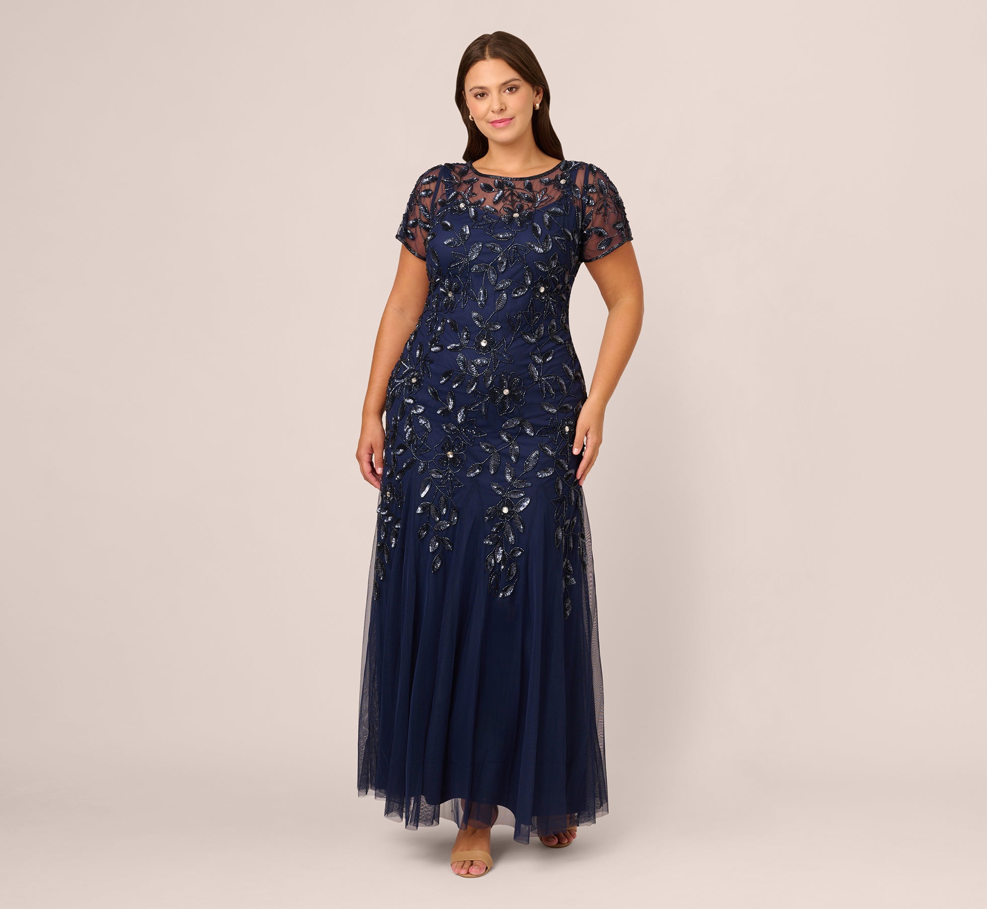 Plus Size Hand Beaded Short Sleeve Floral Godet Gown In Light Navy、mySite、solidvoid