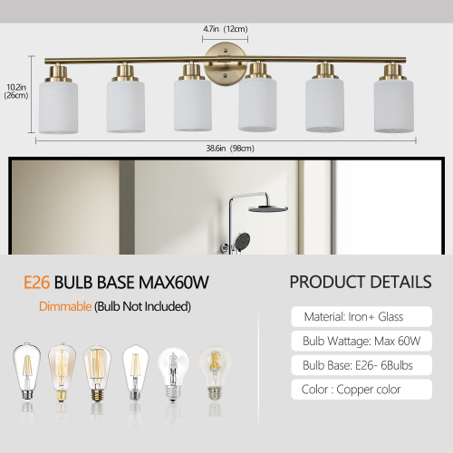 39" Modern 6-Light Vanity Bathroom Mirror Light, Frosted White Glass with Black Iron Frame, Contemporary Wall Sconce for Bedroom, Bathroom, and Dressing Room (No Bulbs)、、eastwooduniform